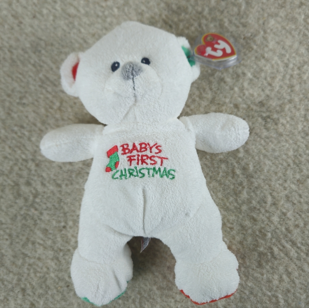 BABY Ty 2007 Baby's First Christmas White Teddy Bear 9 Inch Plush With Tags